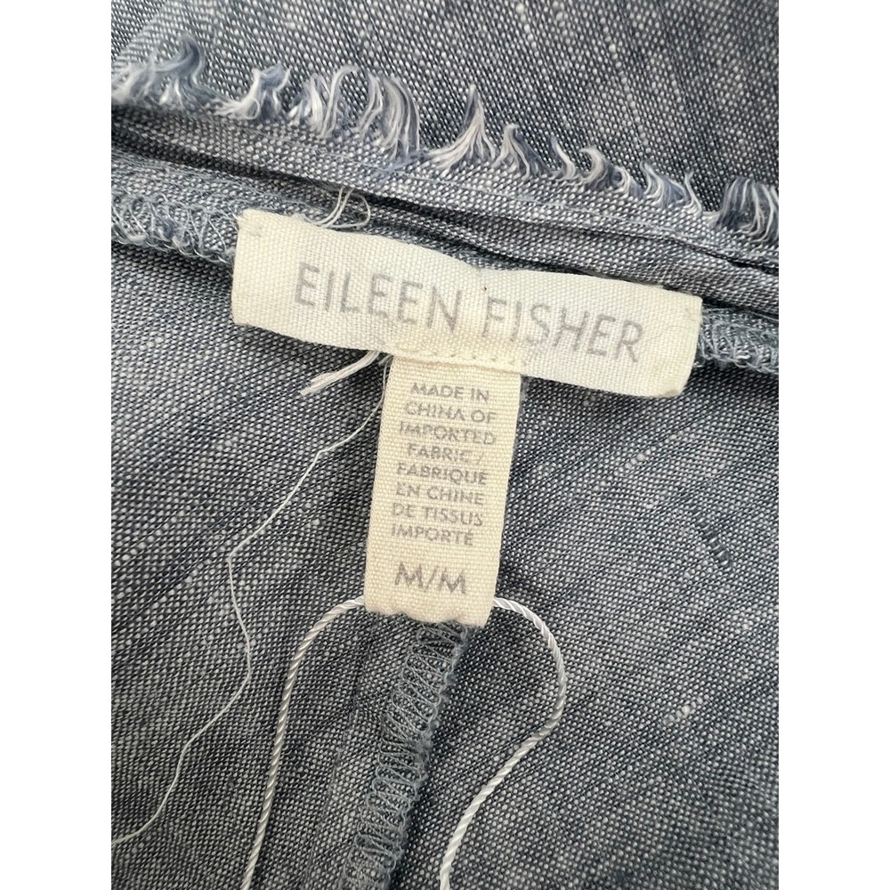 Eileen Fisher M Lagenlook Organic Linen V-Neck Frayed Edge Blue Gray Dress - Picture 3 of 9